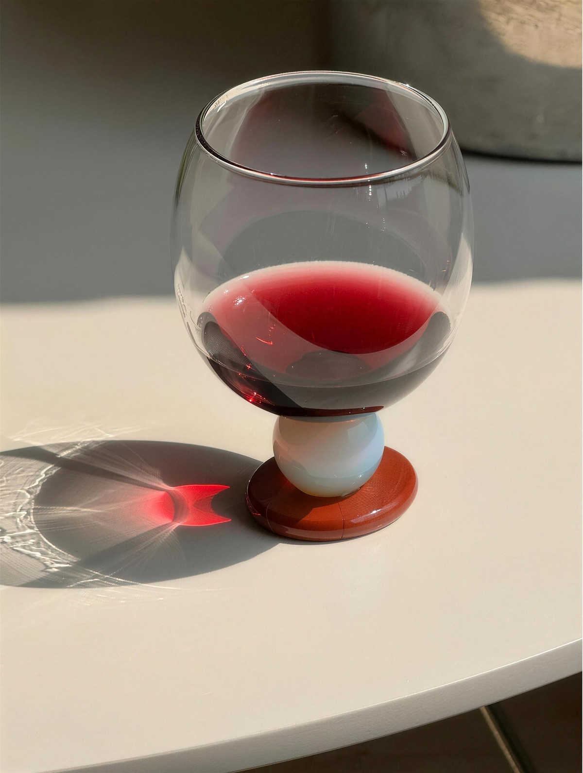 Red wine in a Panarea goblet casting red light on the table
