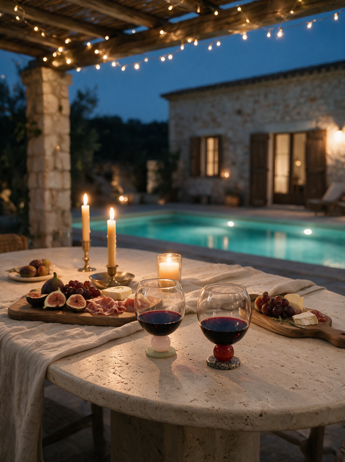 Red wine in Panarea goblets at a candlelit outdoor villa dinner by the pool