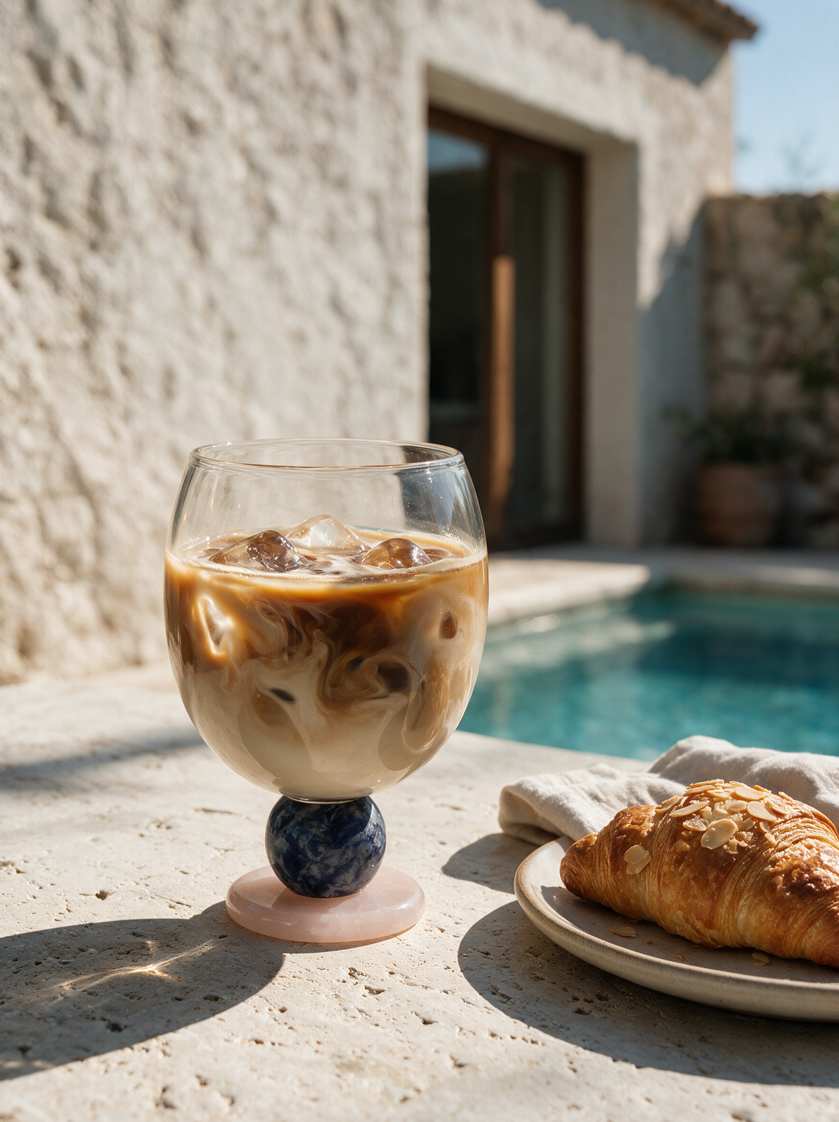 Iced latte in a Panarea goblet with blue and pink stone base beside a croissant by the pool