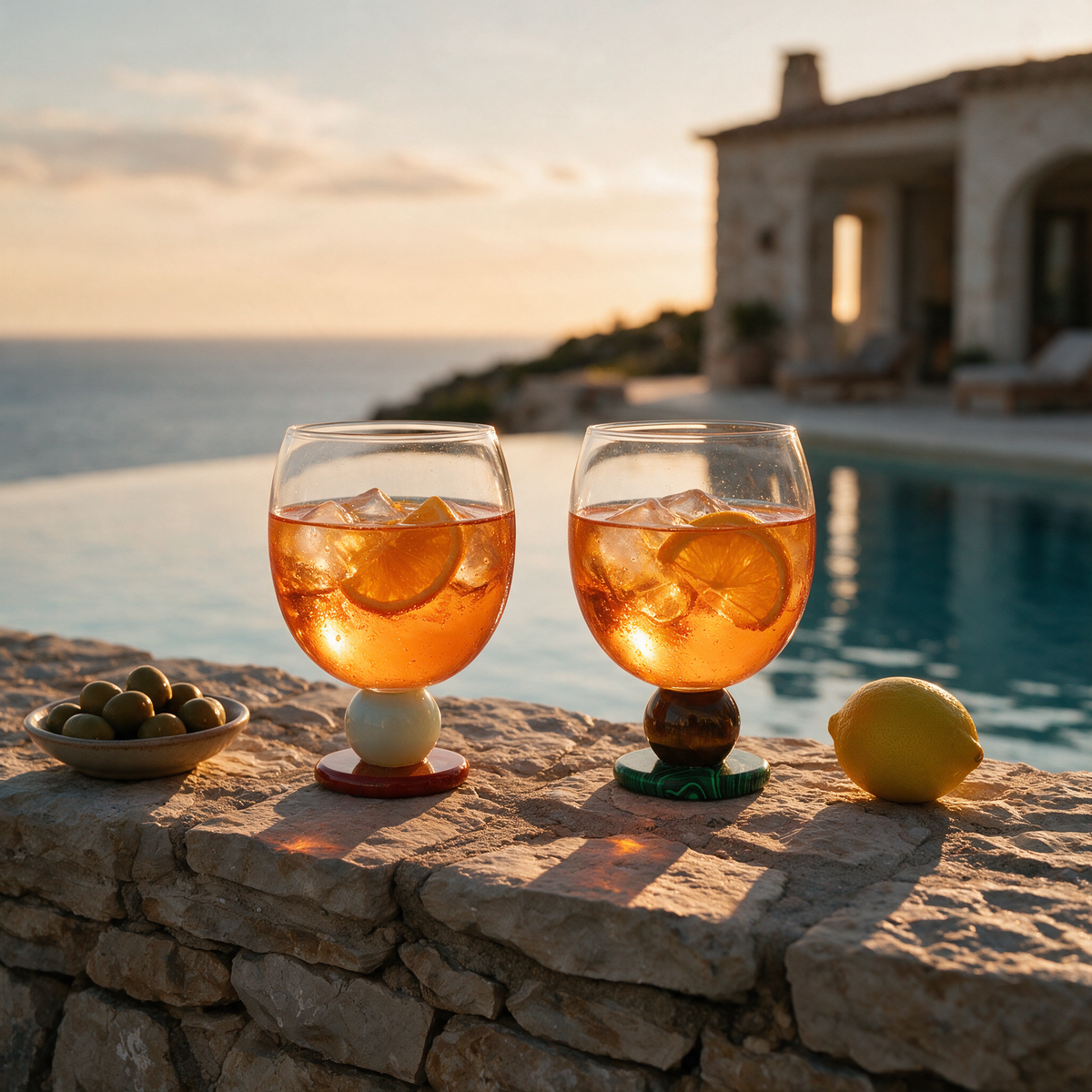 Two Panarea goblets of orange spritz on a stone wall by an infinity pool at sunset