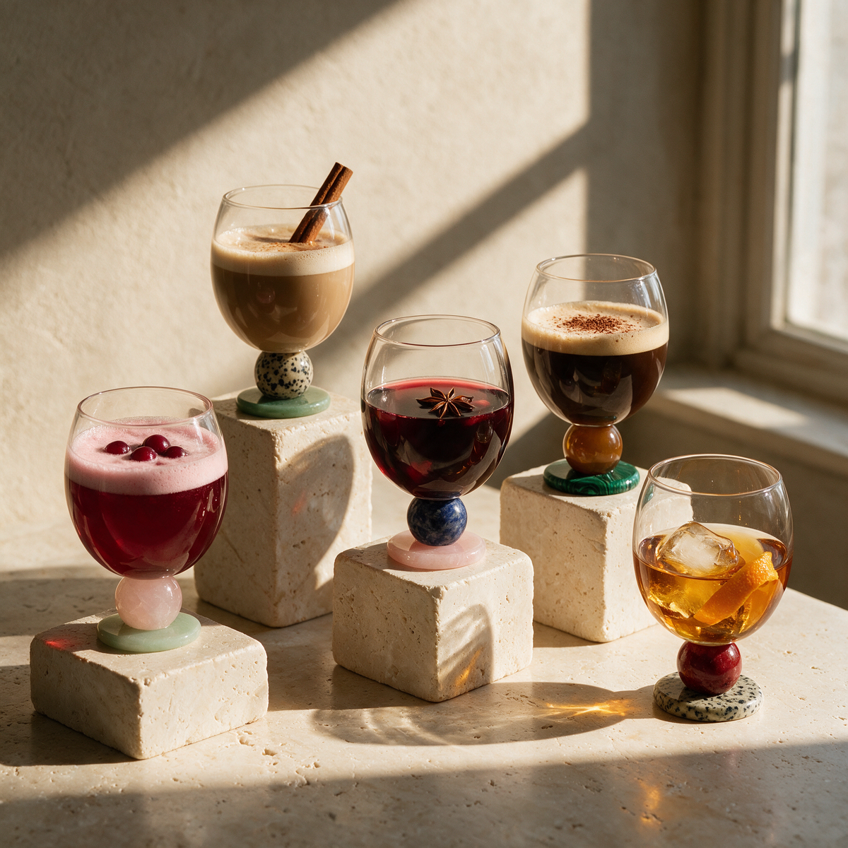 Five Panarea goblets with winter cocktails, mulled wine and chai latte on travertine blocks in warm sunlight