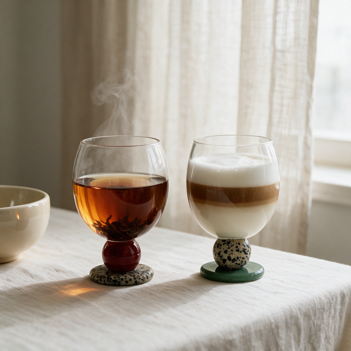 Steaming tea and a layered latte in two Panarea goblets on a linen-covered table