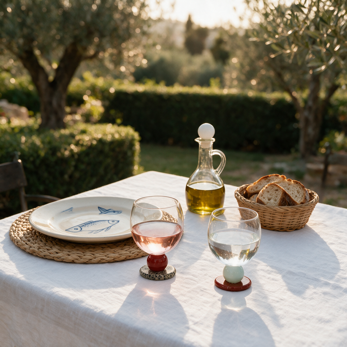 Rosé and water in Panarea goblets at a garden lunch table with olive oil and bread