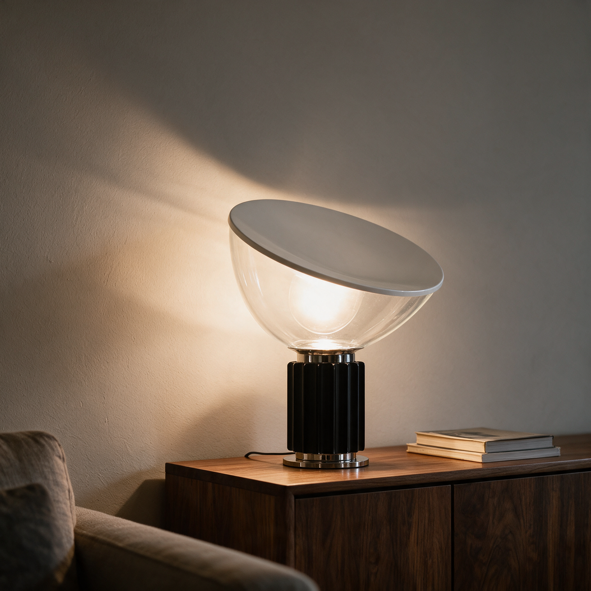Luca Table Lamp, black, on a walnut sideboard in a living room